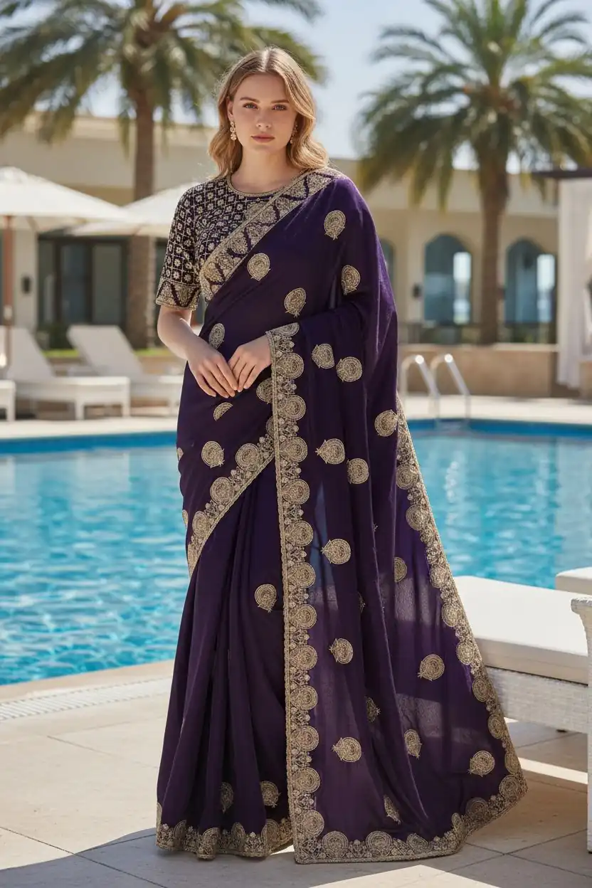Dark Purple Fandy Satin Silk Embroidery Zari Work Saree