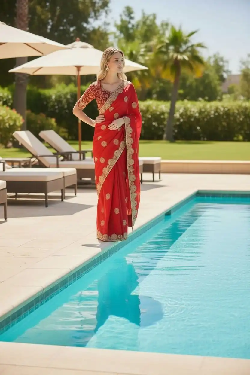 Red Fandy Satin Silk Embroidery Zari Work Saree - Image 2