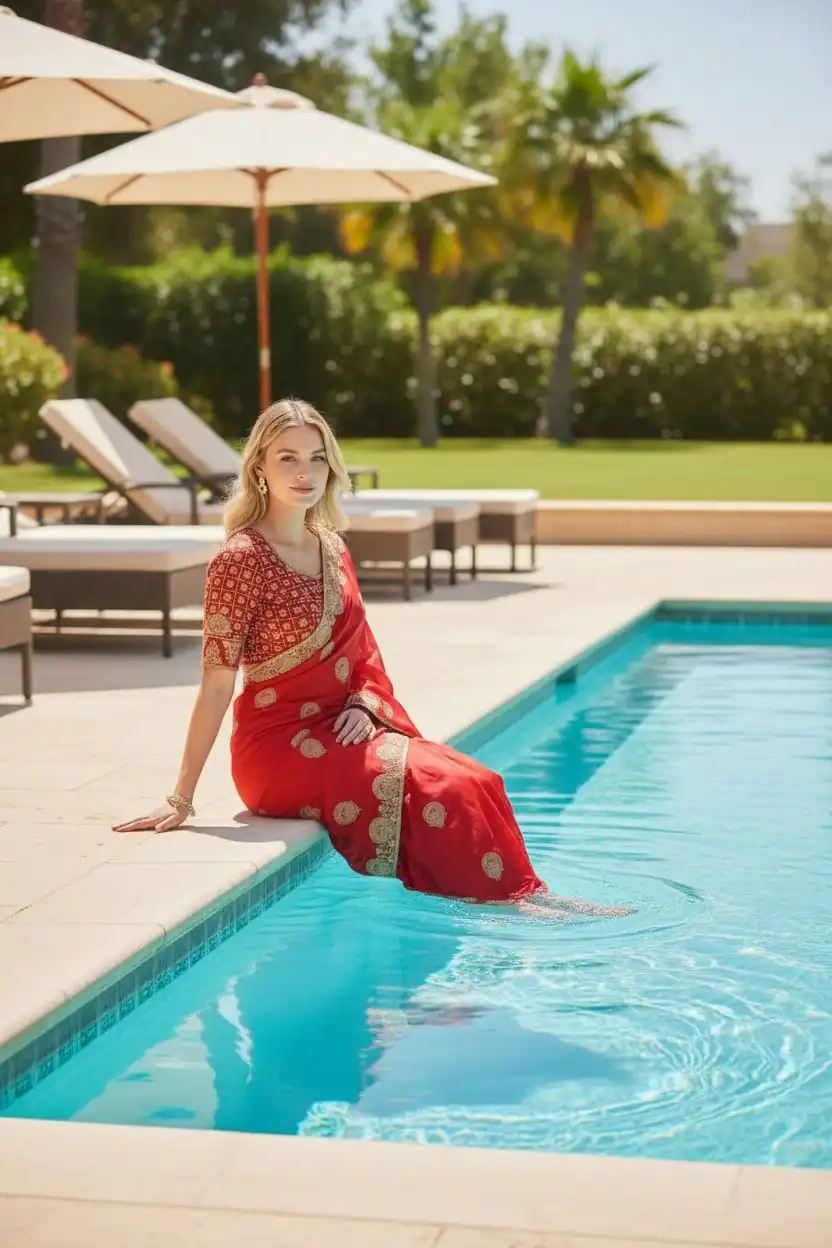 Red Fandy Satin Silk Embroidery Zari Work Saree - Image 3