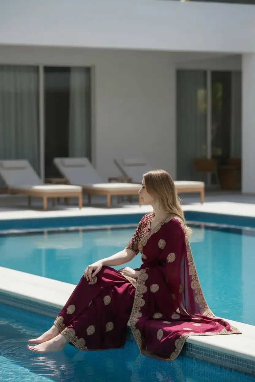 Maroon Fandy Satin Silk Embroidery Zari Work Saree - Image 3