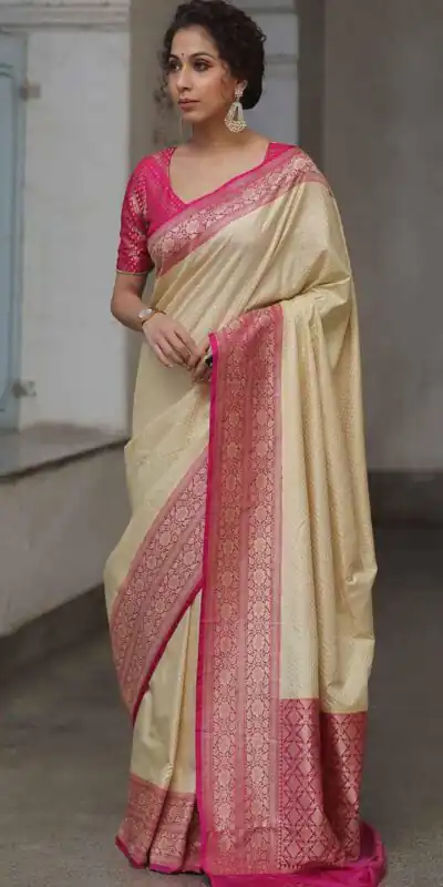 Cream Soft Lichi Silk Jacquard Rich Pallu Saree