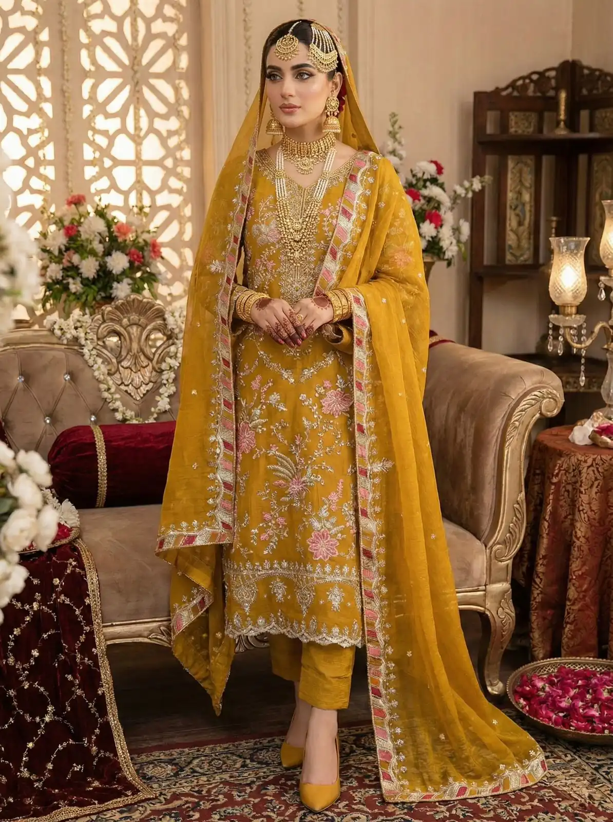 Mustered Crunchy Silk Embroidery Lace Work Salwar Suit
