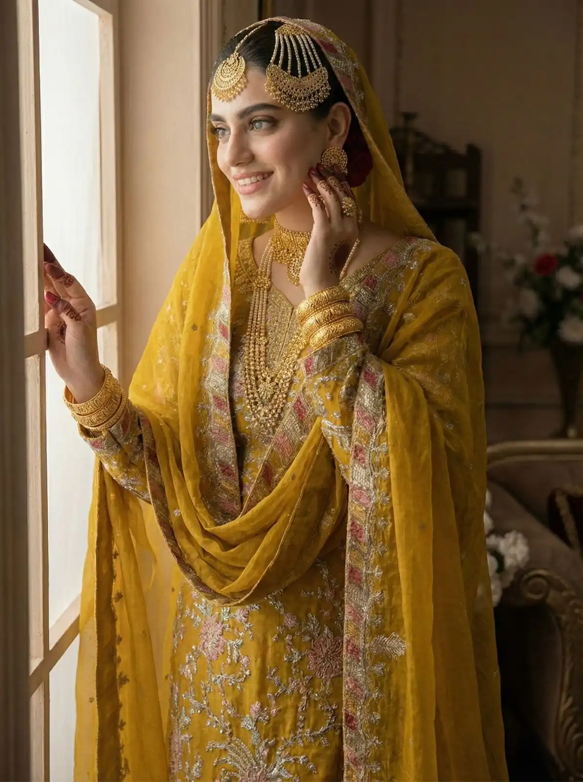 Mustered Crunchy Silk Embroidery Lace Work Salwar Suit - Image 4