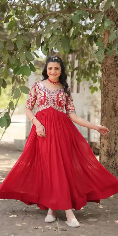 Red Faux Blooming Embroidery Zari Work Gown