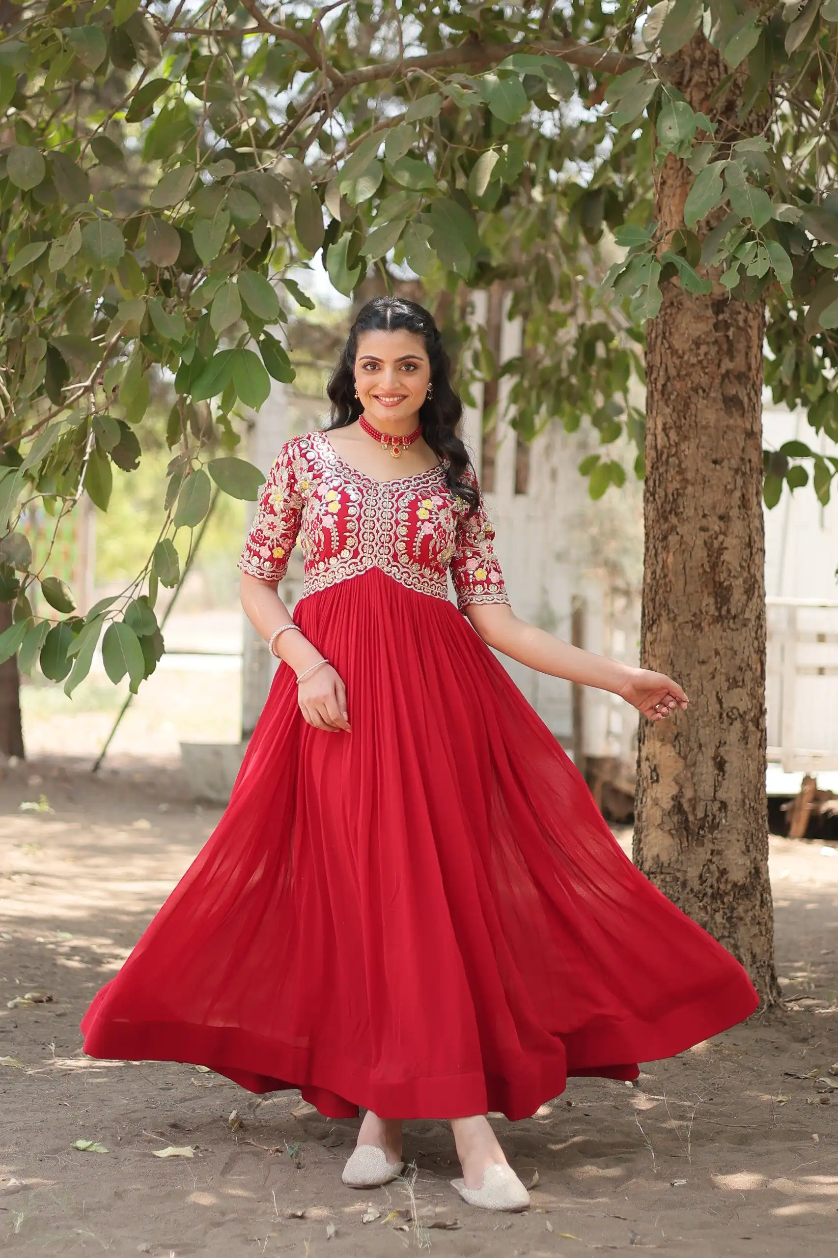 Red Faux Blooming Embroidery Zari Work Gown