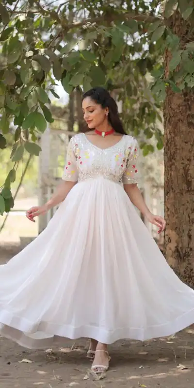 White Faux Blooming Embroidery Zari Work Gown