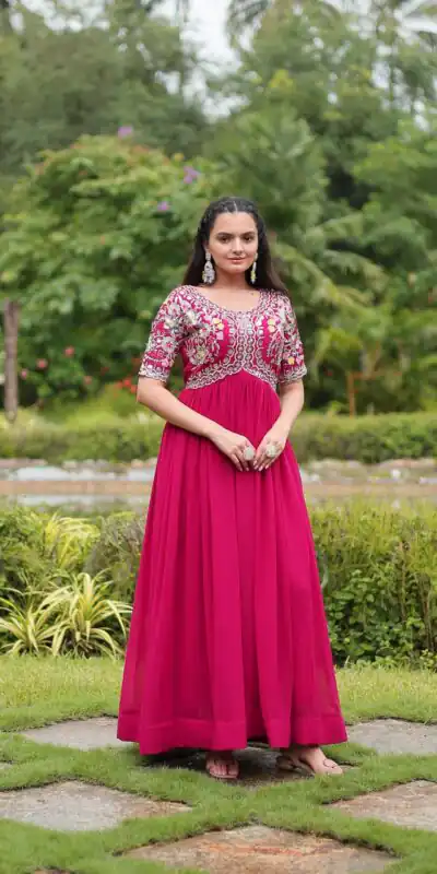 Pink Faux Blooming Embroidery Zari Work Gown