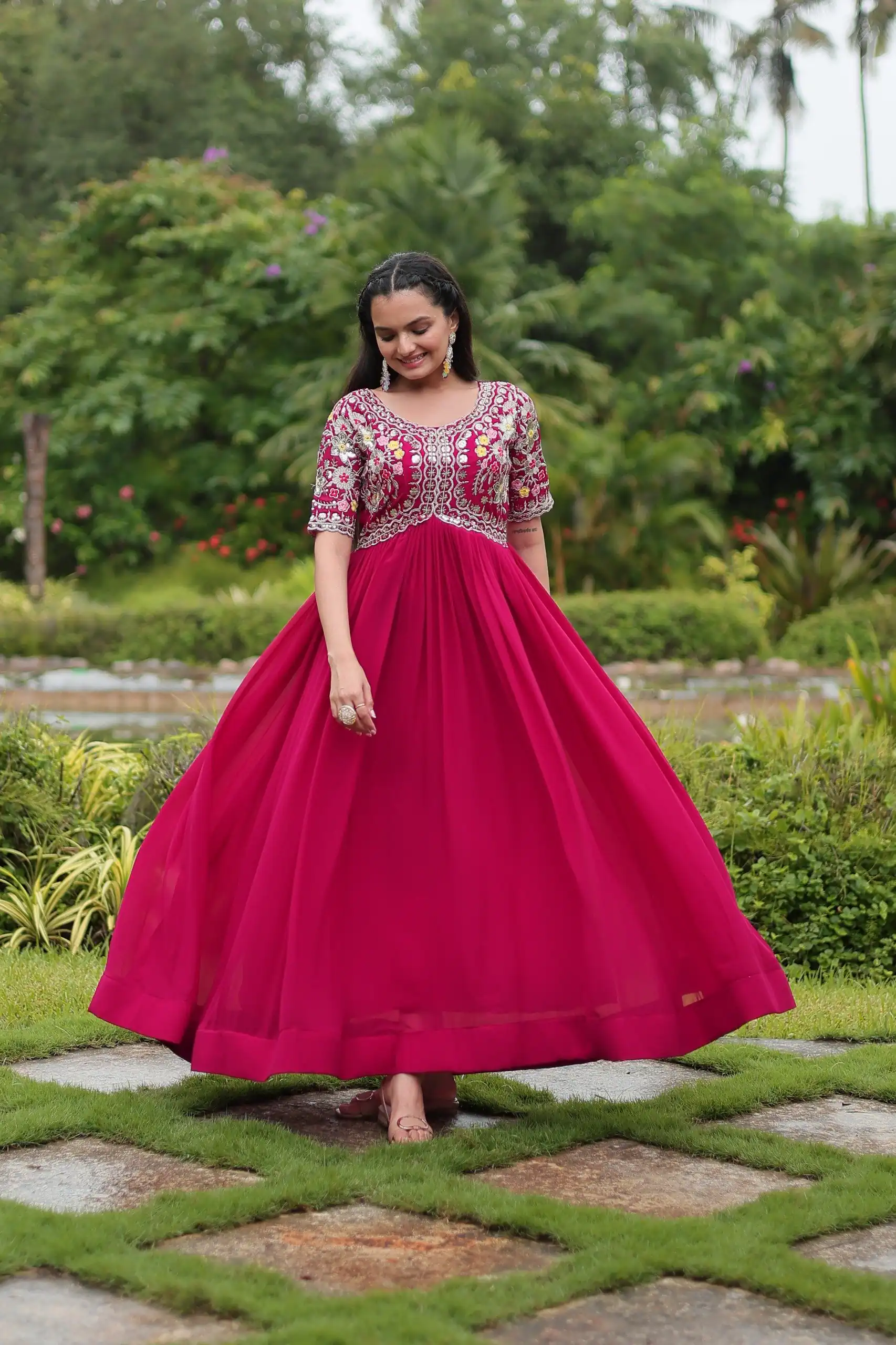 Pink Faux Blooming Embroidery Zari Work Gown - Image 4