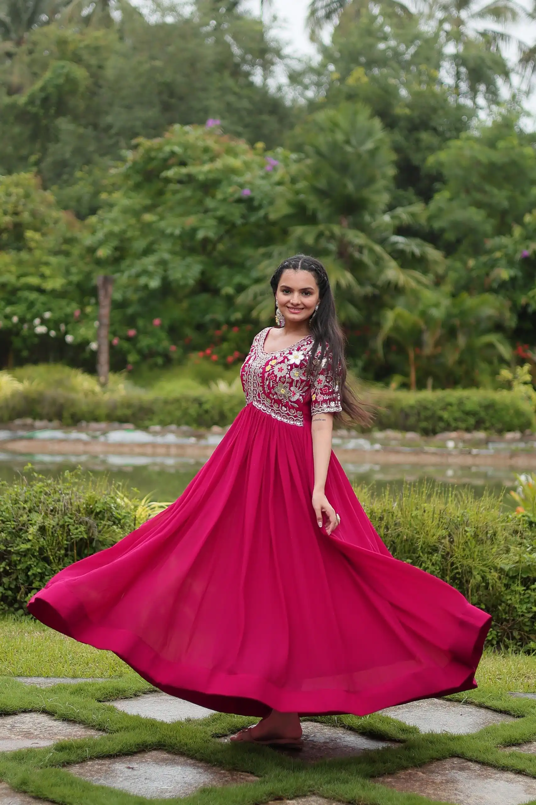 Pink Faux Blooming Embroidery Zari Work Gown - Image 5
