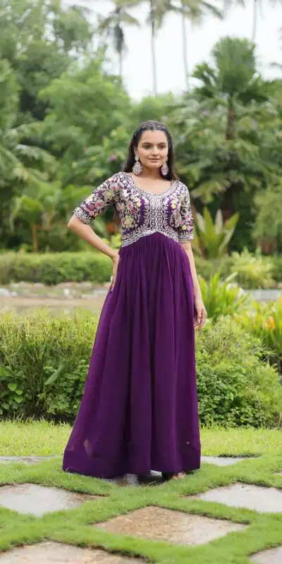 Purple Faux Blooming Embroidery Zari Work Gown