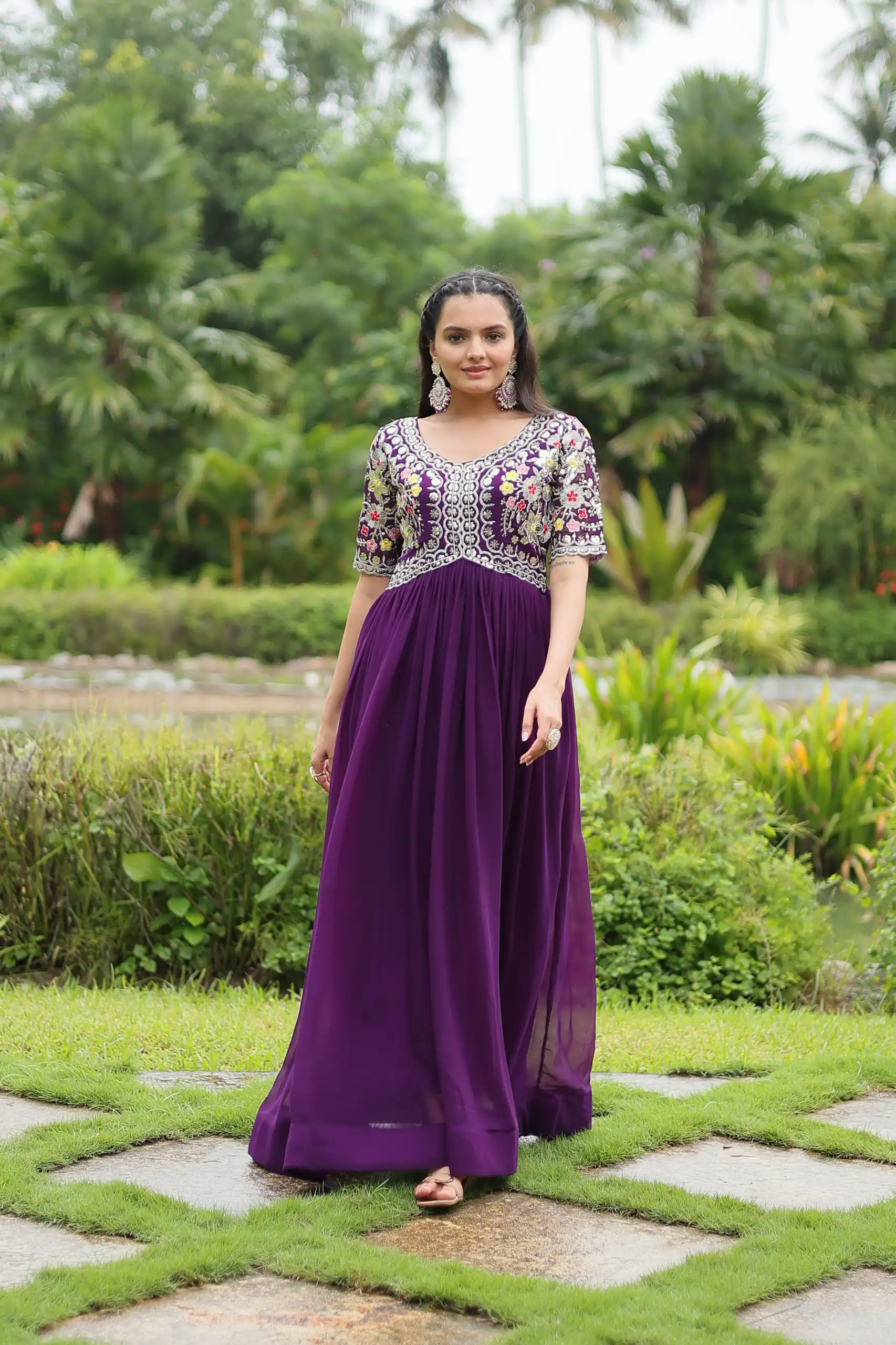 Purple Faux Blooming Embroidery Zari Work Gown - Image 3