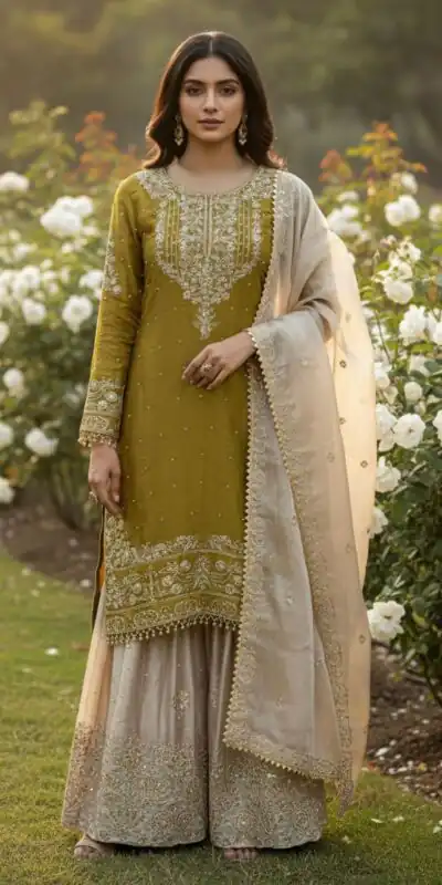 Mustered Organza Silk Embroidery Lace Work Salwar Suit