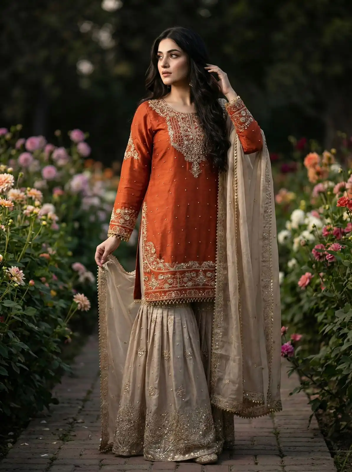 Orange Organza Silk Embroidery Lace Work Salwar Suit - Image 3