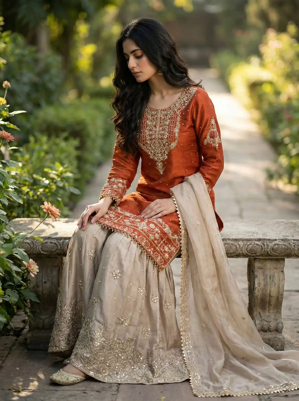 Orange Organza Silk Embroidery Lace Work Salwar Suit - Image 4
