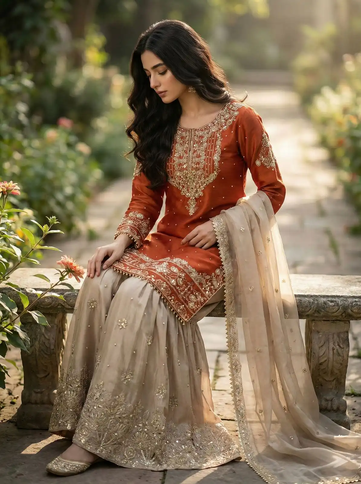 Orange Organza Silk Embroidery Lace Work Salwar Suit - Image 5
