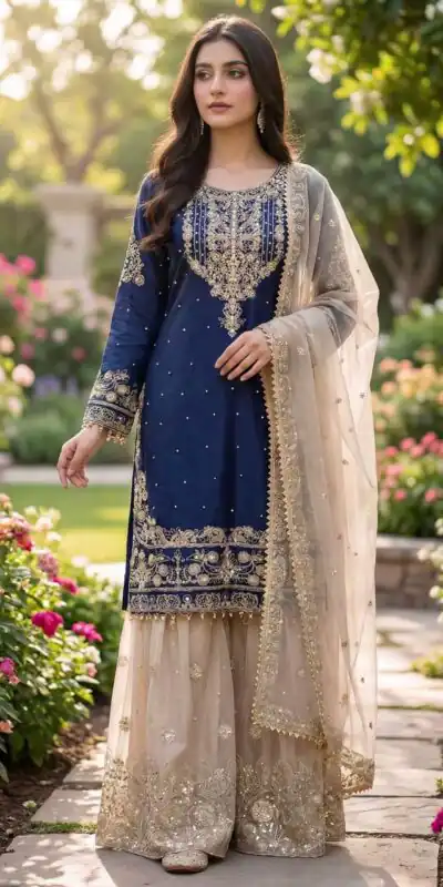 Blue Organza Silk Embroidery Lace Work Salwar Suit