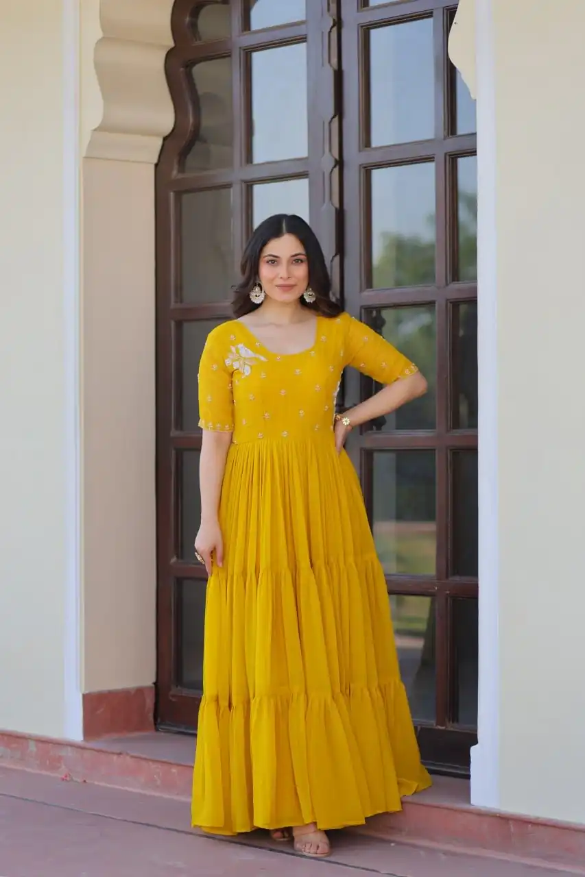 Yellow Faux Blooming Embroidery Bead Work Gown - Image 3