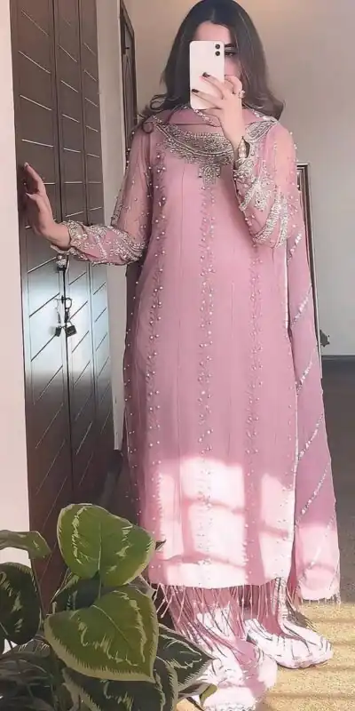Baby Pink Georgette Bead Work Salwar Suit