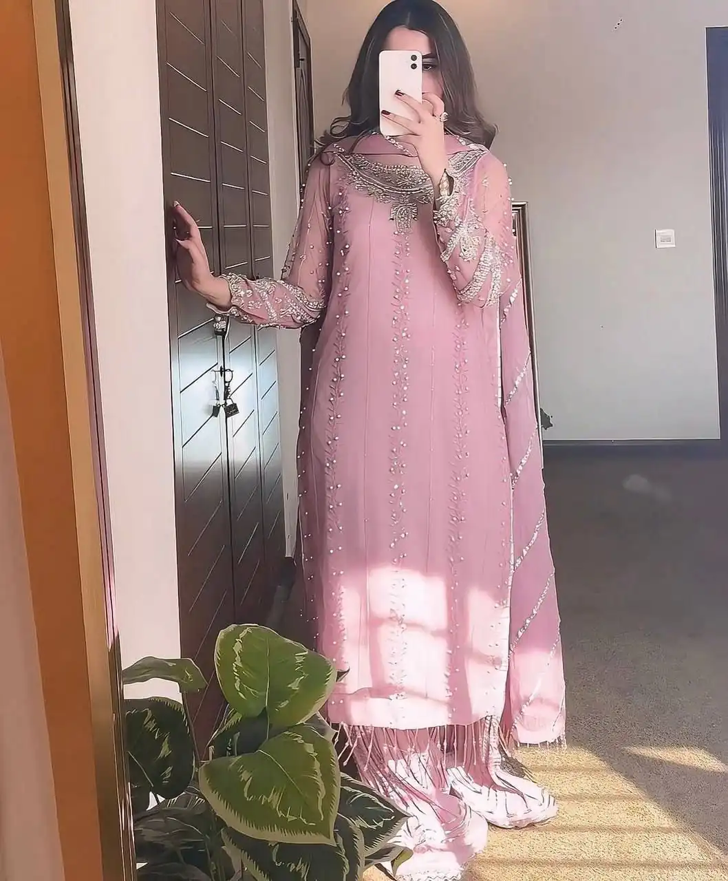 Baby Pink Georgette Bead Work Salwar Suit