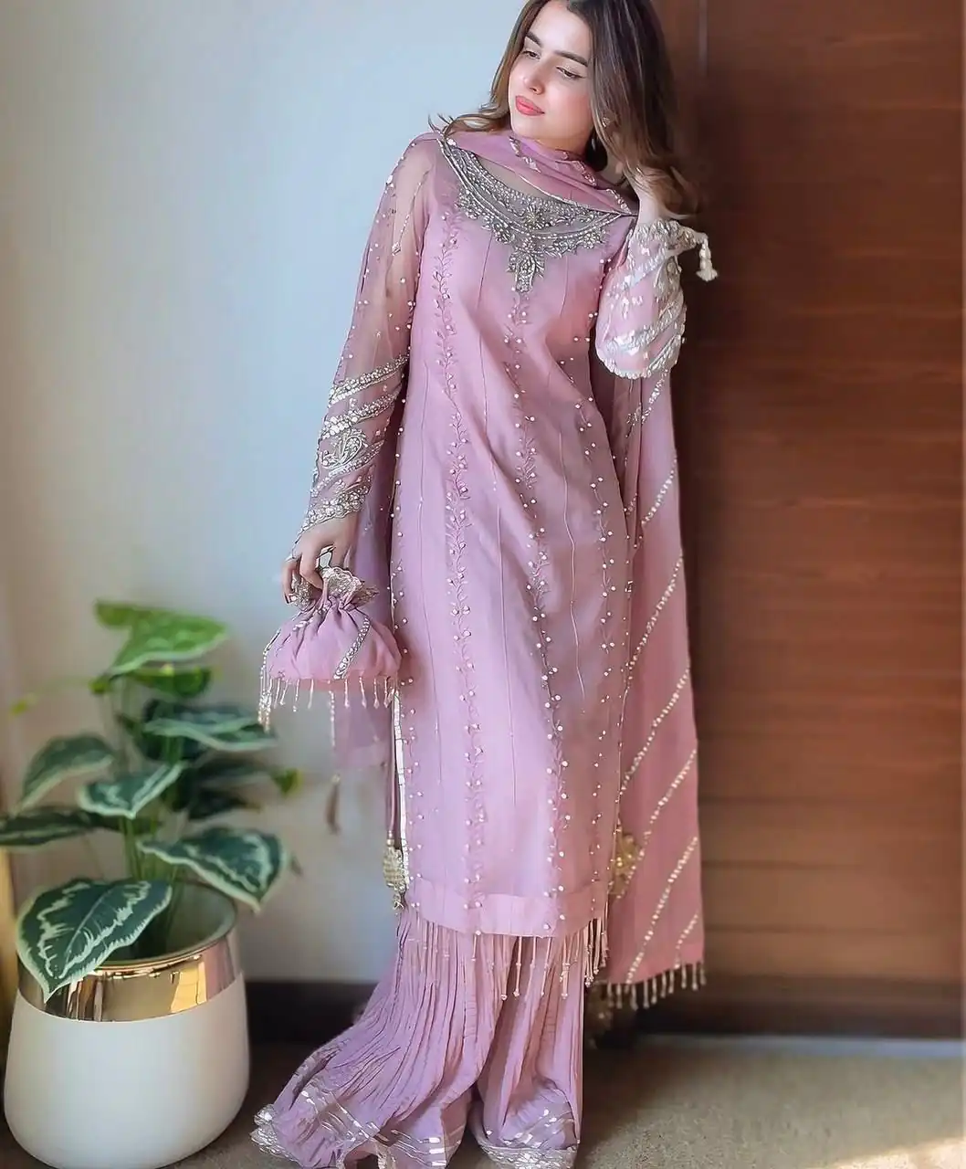 Baby Pink Georgette Bead Work Salwar Suit - Image 4
