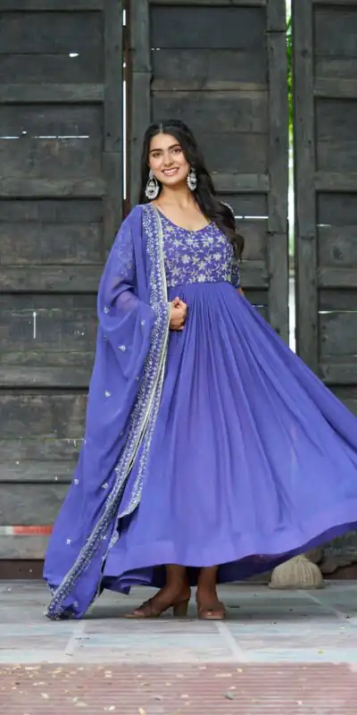 Blue Faux Blooming Sequins Work Gown