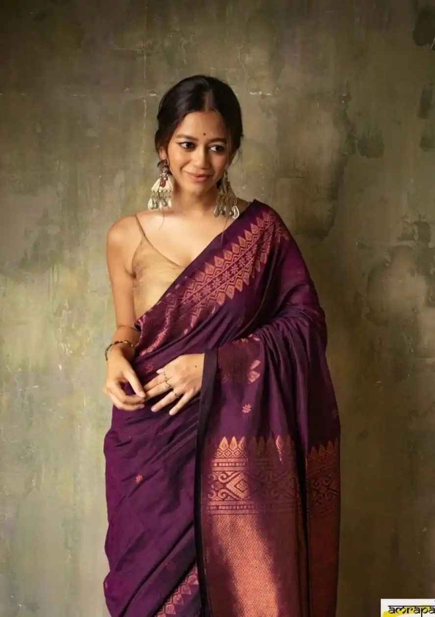 Purple Soft Lichi Silk Border Lace Saree
