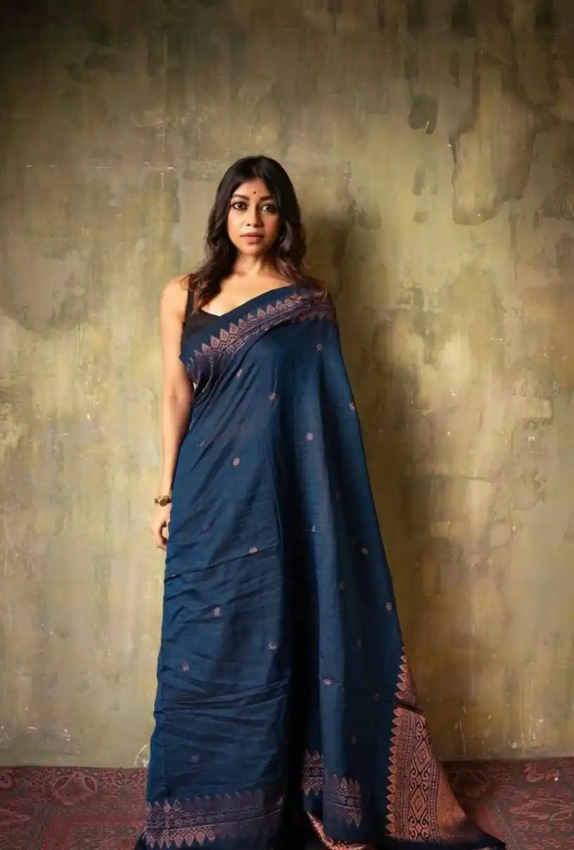 Blue Soft Lichi Silk Border Lace Saree