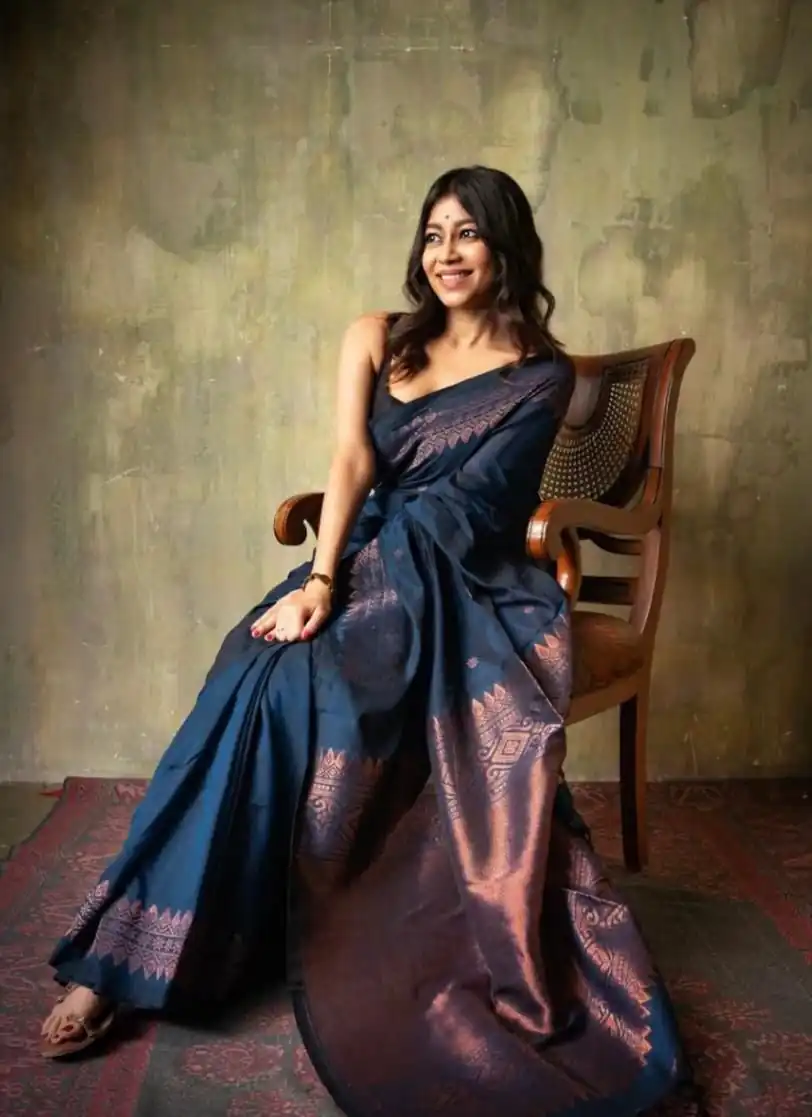 Blue Soft Lichi Silk Border Lace Saree - Image 2
