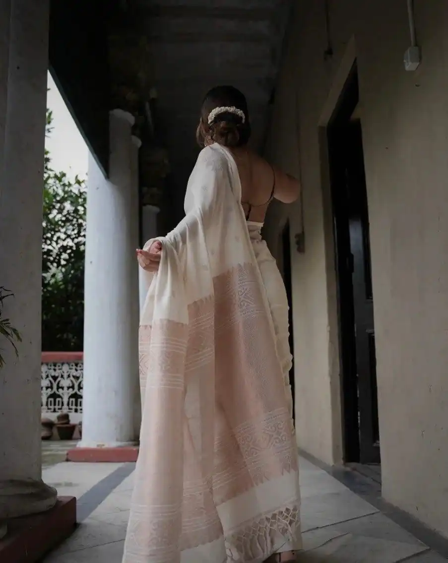 White Soft Lichi Silk Border Lace Saree - Image 3