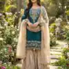 Teal Organza Silk Embroidery Lace Work Salwar Suit