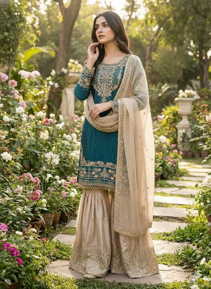 Teal Organza Silk Embroidery Lace Work Salwar Suit - Image 3