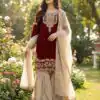 Maroon Organza Silk Embroidery Lace Work Salwar Suit