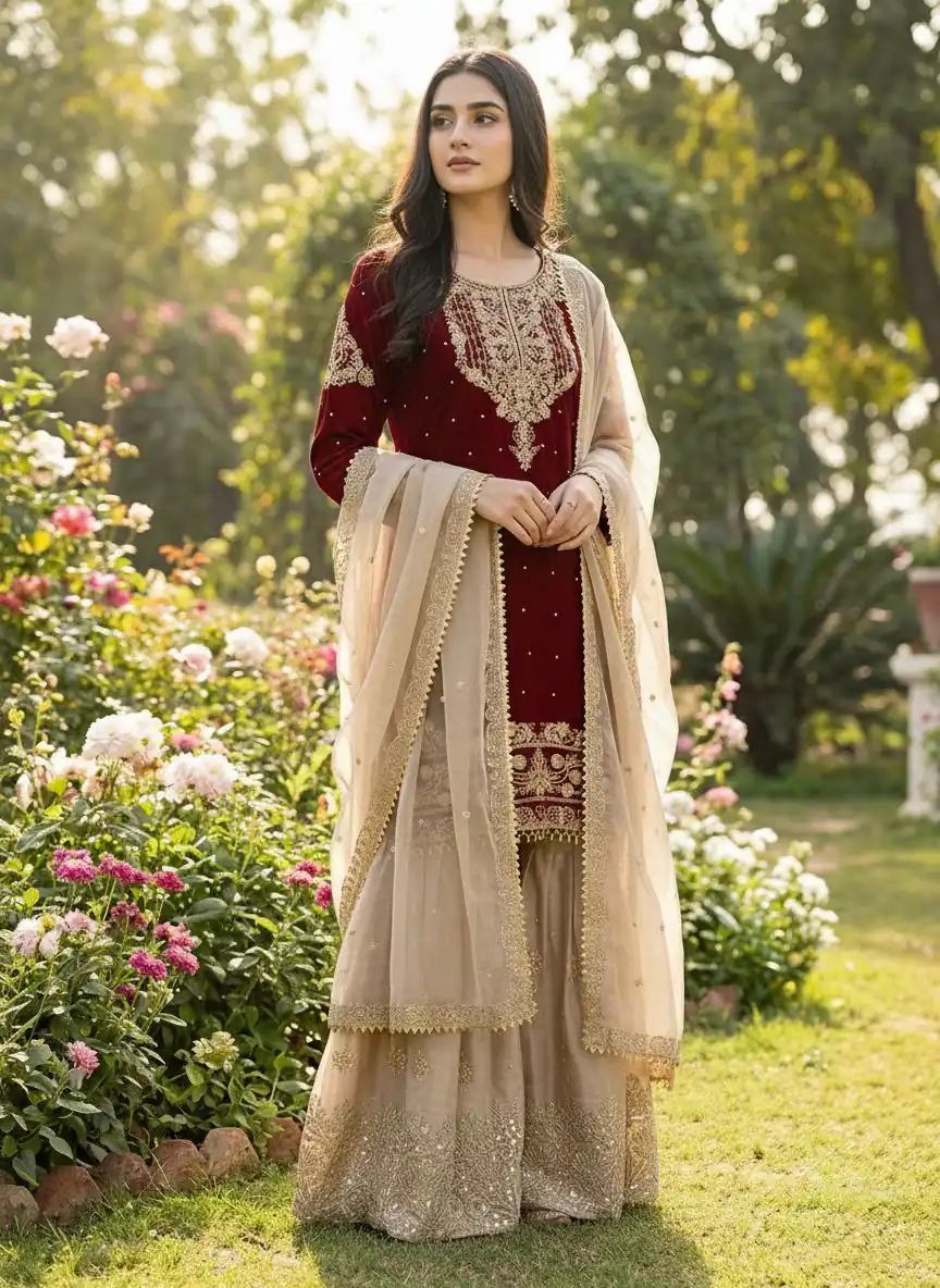Maroon Organza Silk Embroidery Lace Work Salwar Suit - Image 4