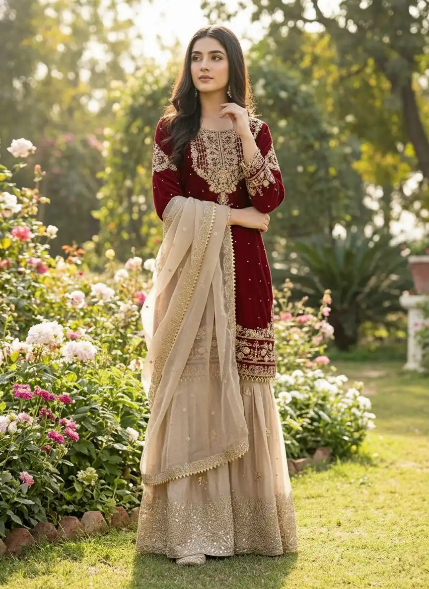 Maroon Organza Silk Embroidery Lace Work Salwar Suit - Image 5