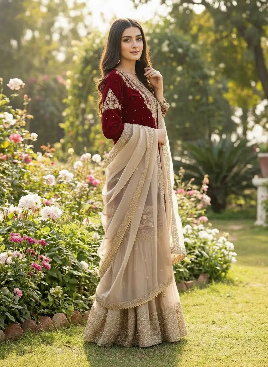 Maroon Organza Silk Embroidery Lace Work Salwar Suit - Image 6