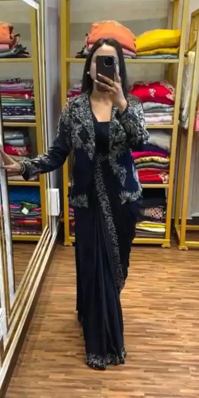 Navy Blue Chinon Embroidery Lace Work Saree