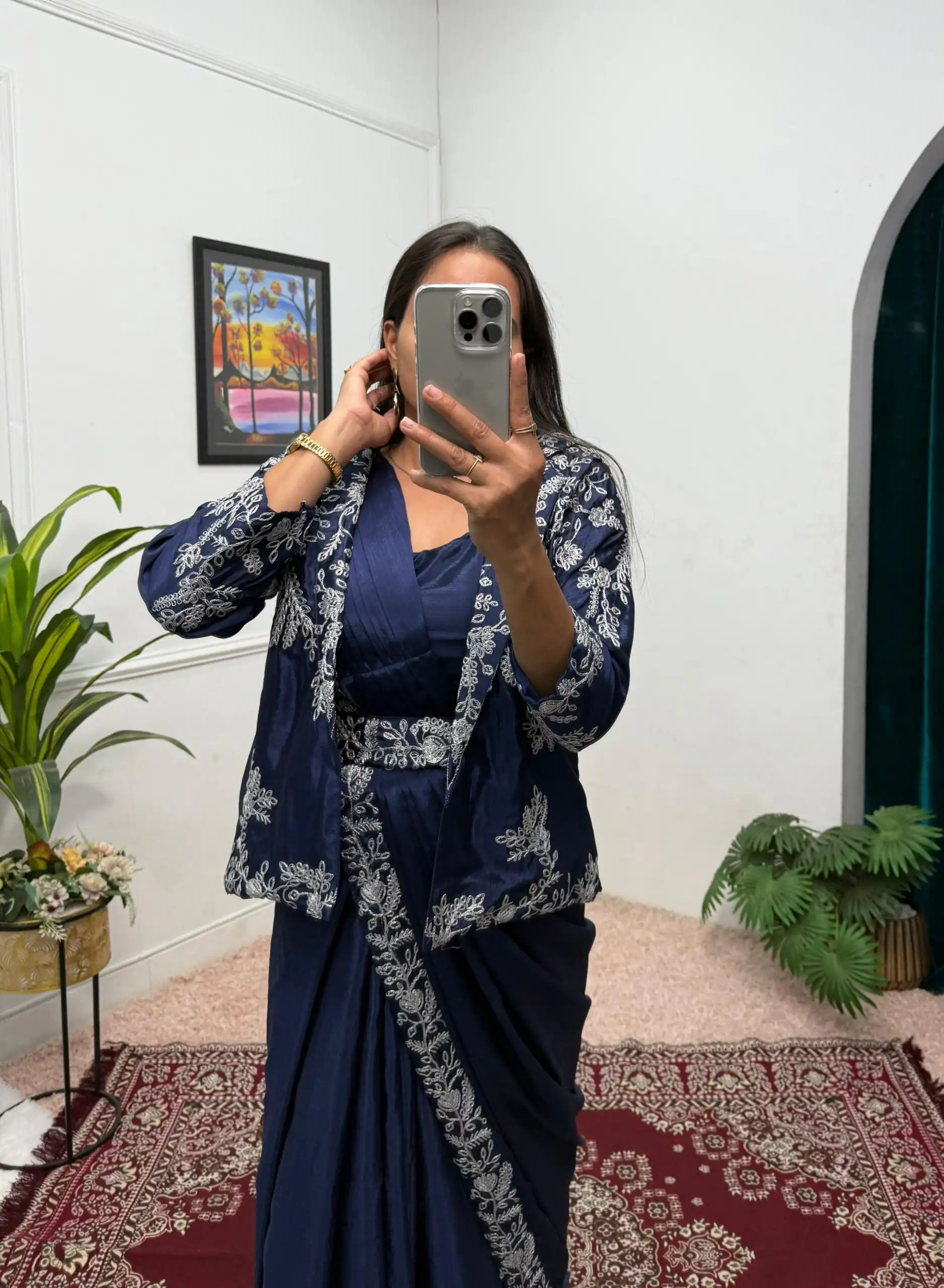 Navy Blue Chinon Embroidery Lace Work Saree - Image 2