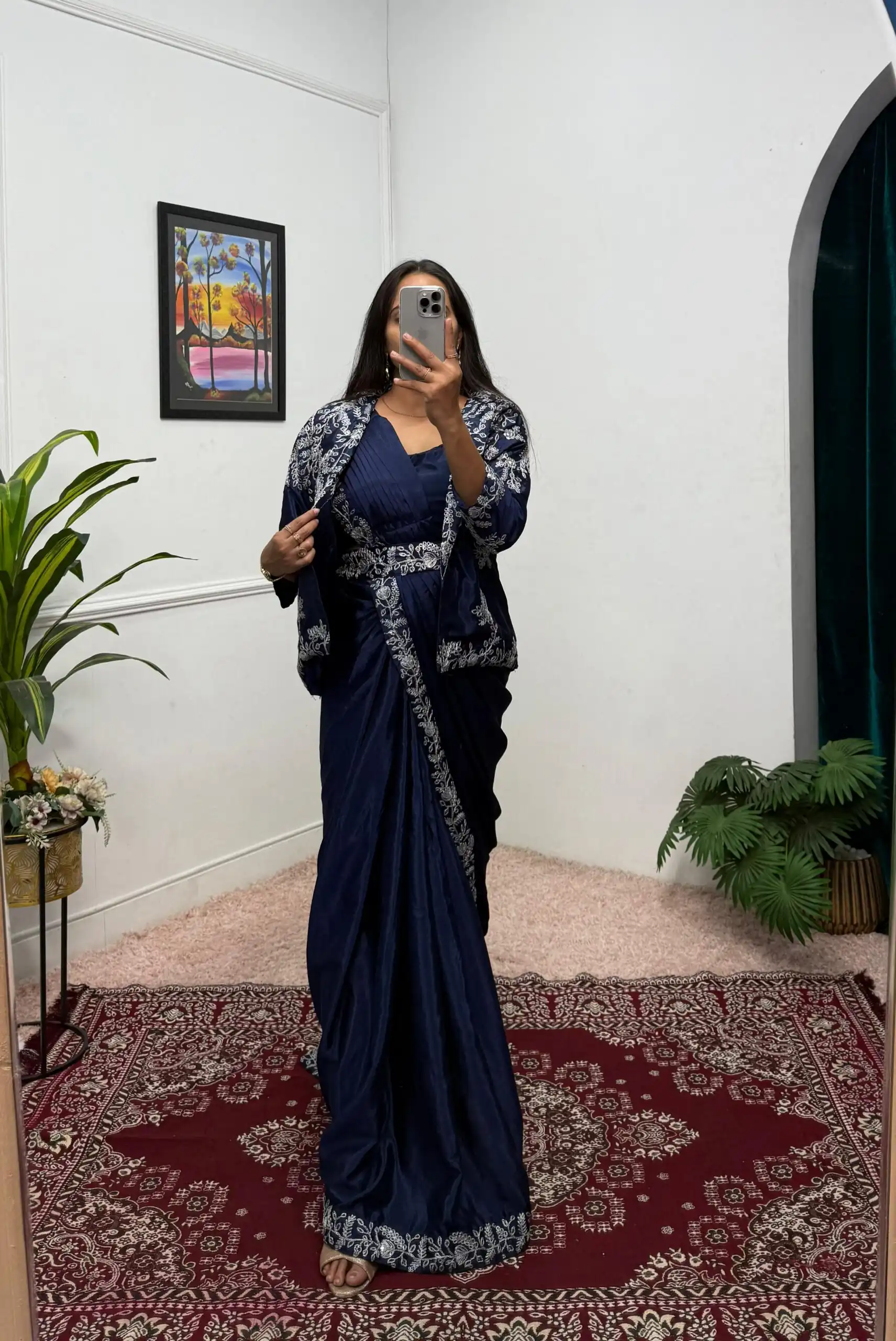 Navy Blue Chinon Embroidery Lace Work Saree - Image 3