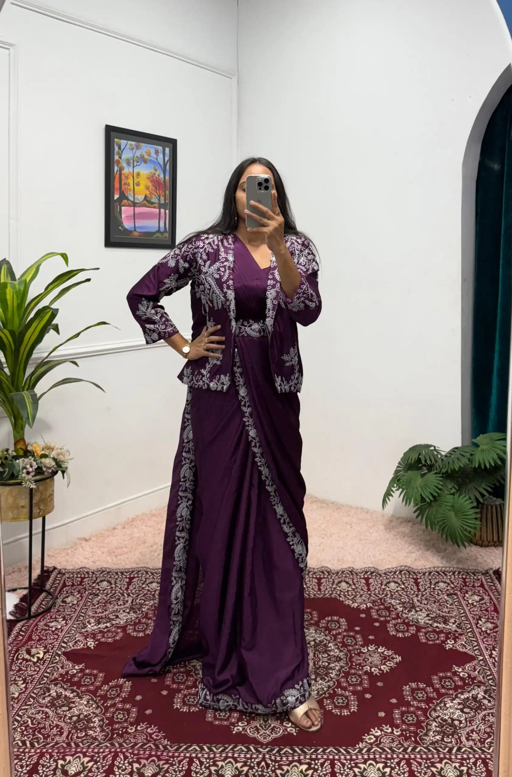 Wine Chinon Embroidery Lace Work Saree - Image 6