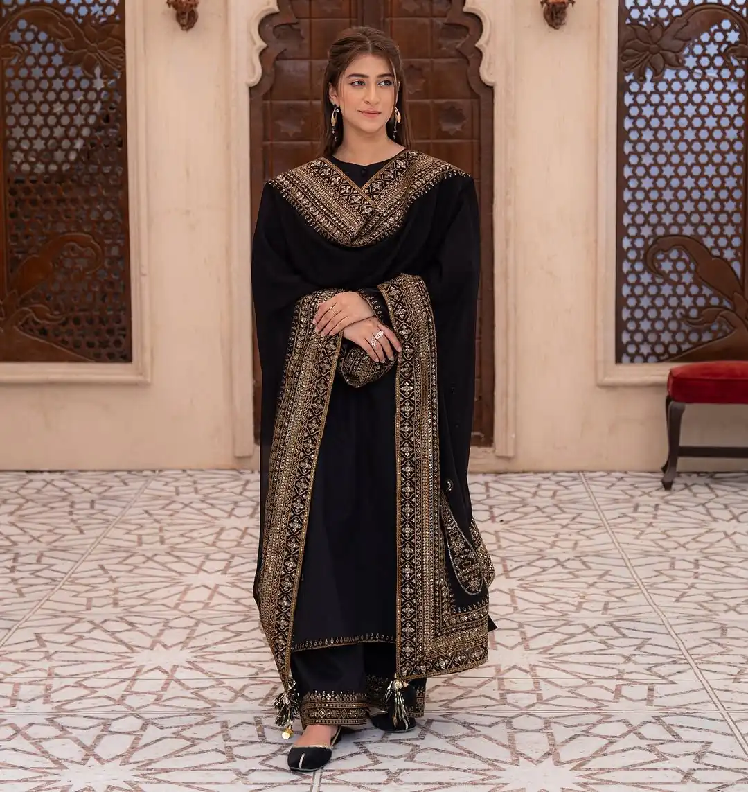 Black Natural Crep Silk With Embroider Salwar Suit - Image 2