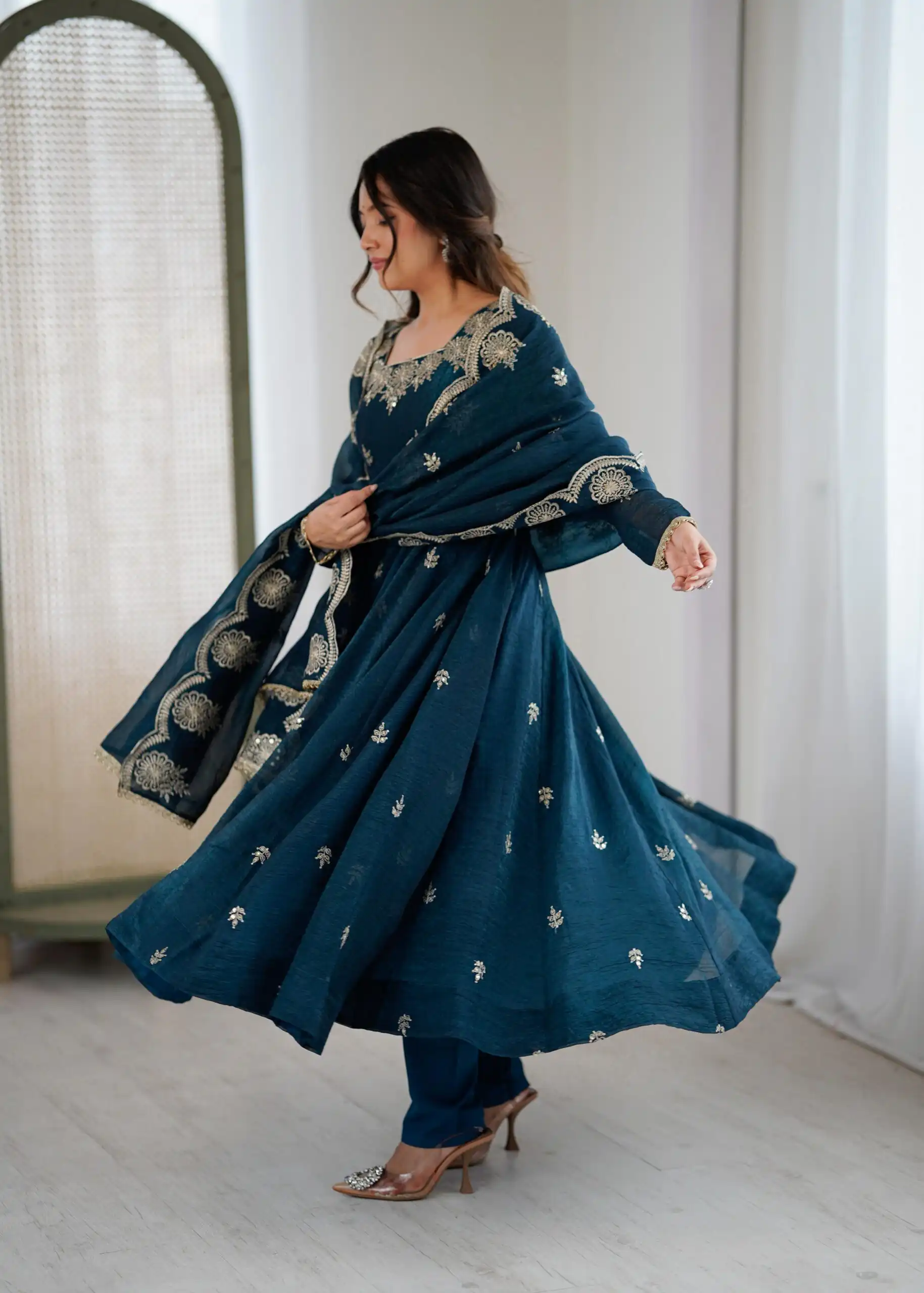 Teal Crunchy Silk Embroidery Work Gown - Image 3