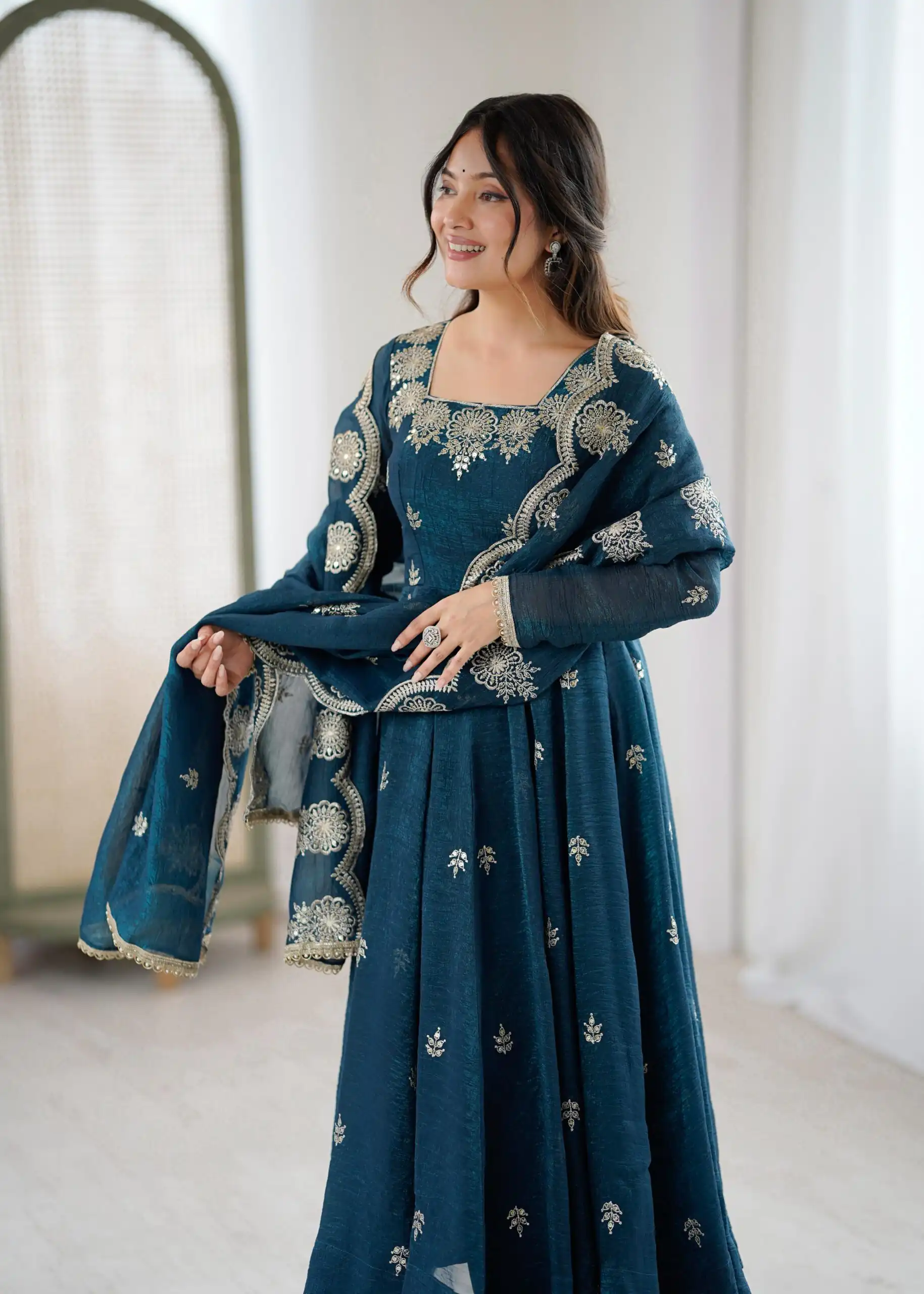 Teal Crunchy Silk Embroidery Work Gown - Image 8