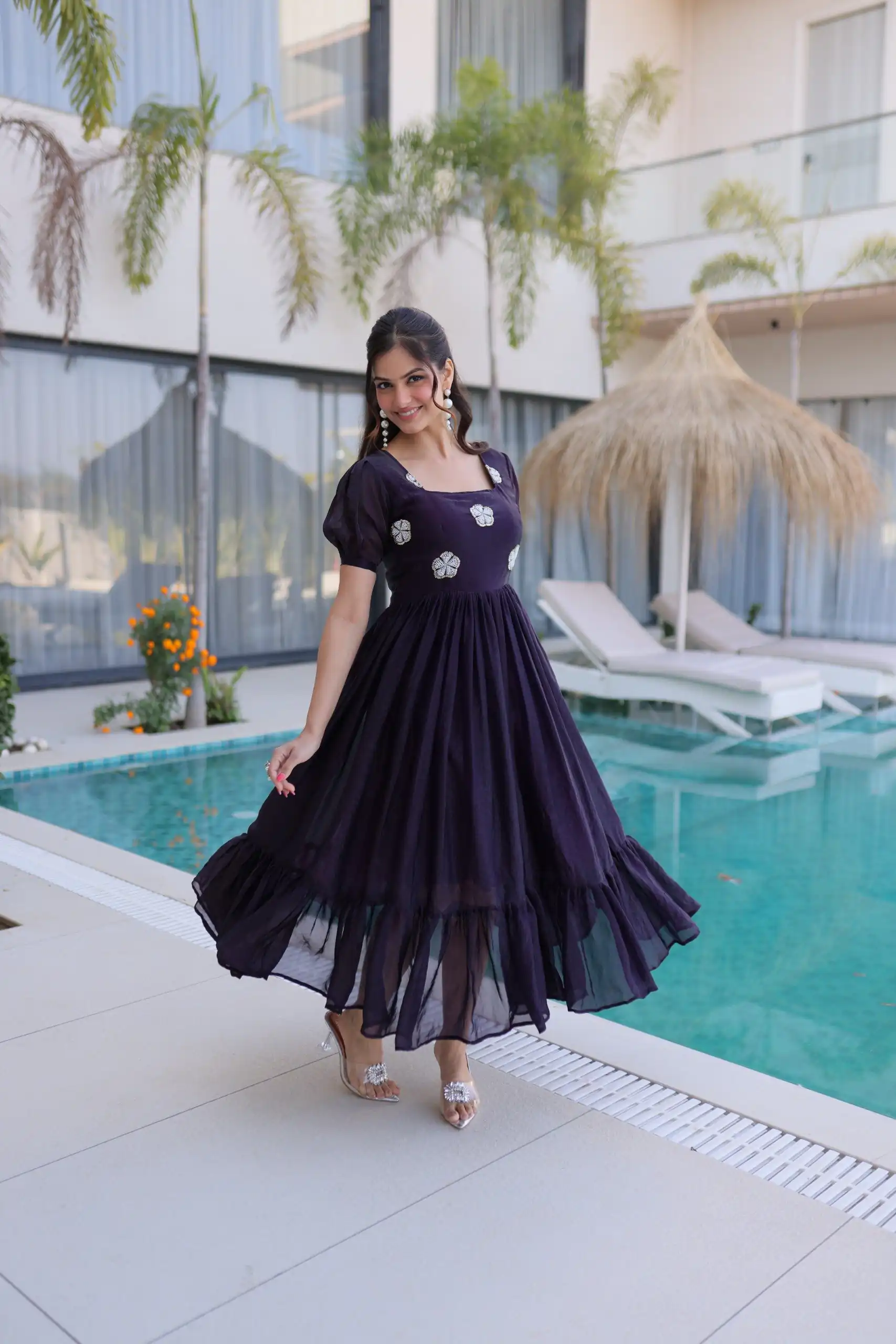 Dark Purple Fendi Silk Embroidery Bead Work Gown