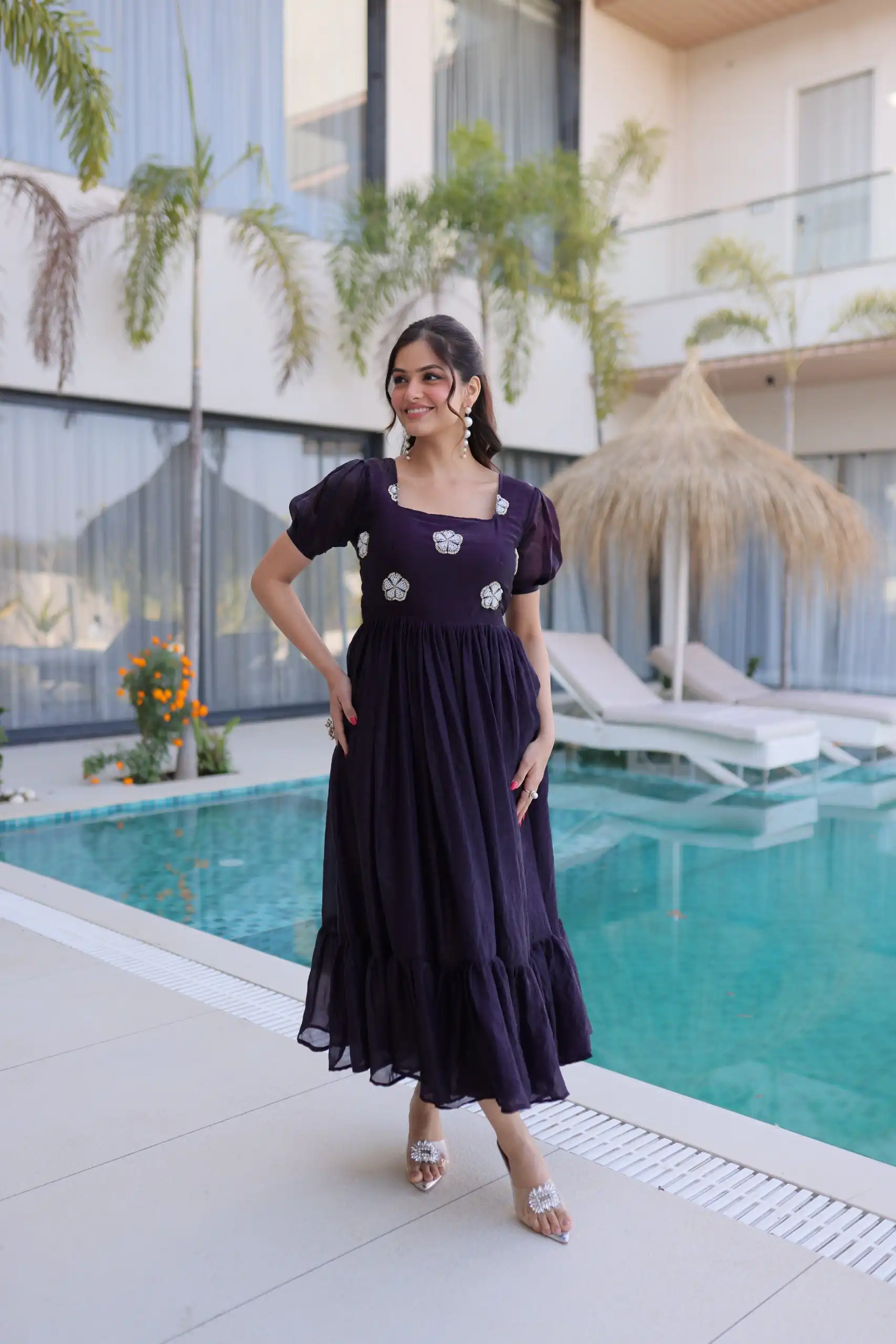 Dark Purple Fendi Silk Embroidery Bead Work Gown - Image 4