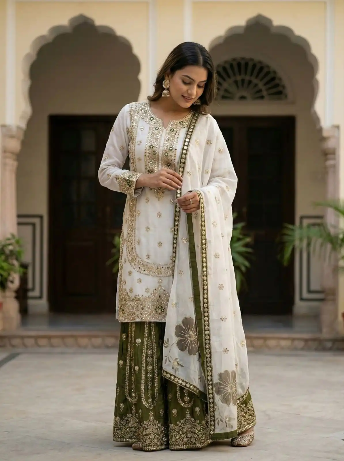 White Organza Silk Digital Print Embroidery Salwar Suit - Image 2