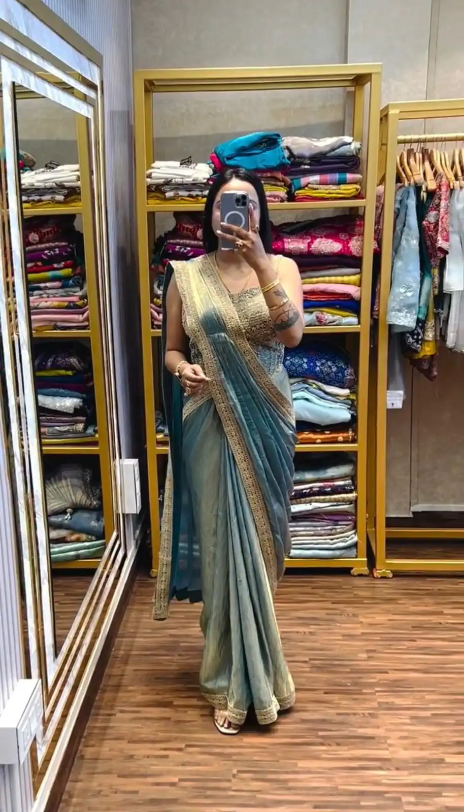 Blue Fandy Satin Lace Embroidery Work Saree