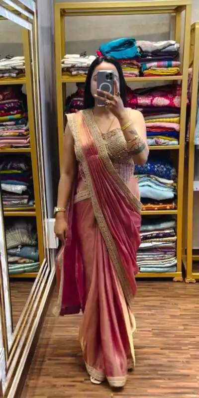 Peach Fandy Satin Lace Embroidery Work Saree