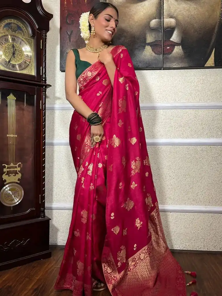 Pink Lichi Silk Jacquard Work Saree - Image 4