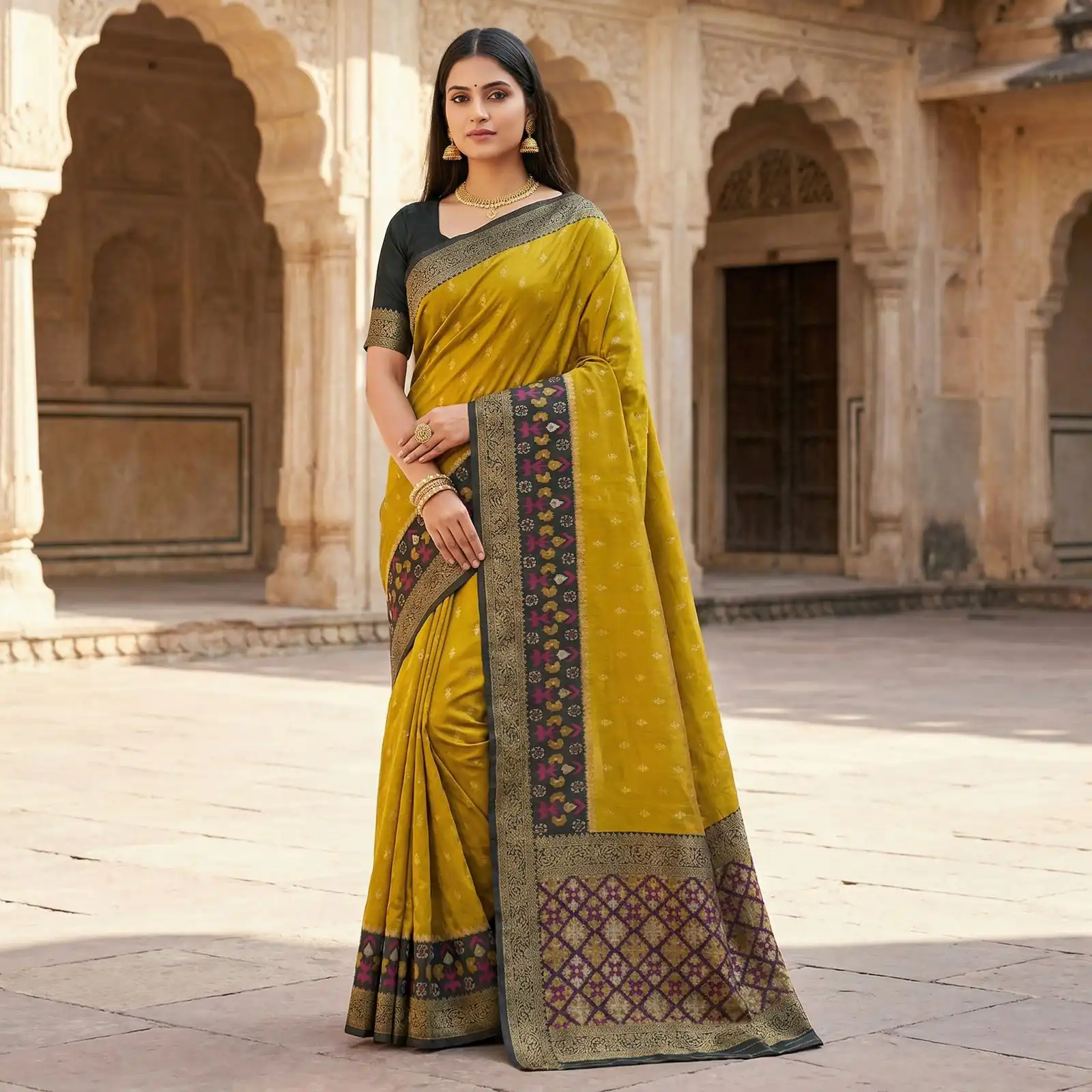 Mustered Pochampalli Silk Zari Work Saree