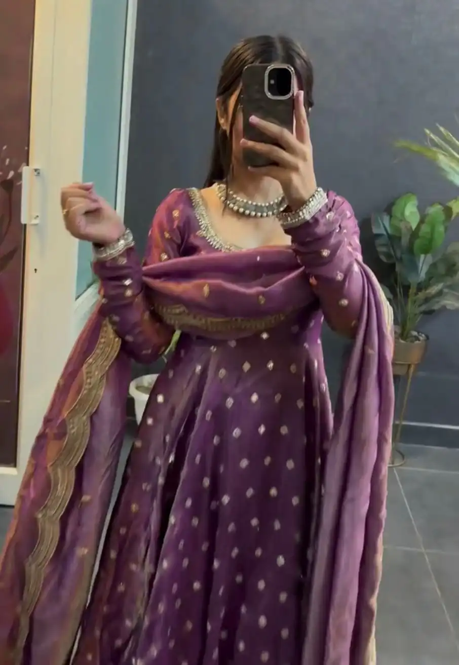 Lavender Fendy Silk Sequence Lace Work Gown